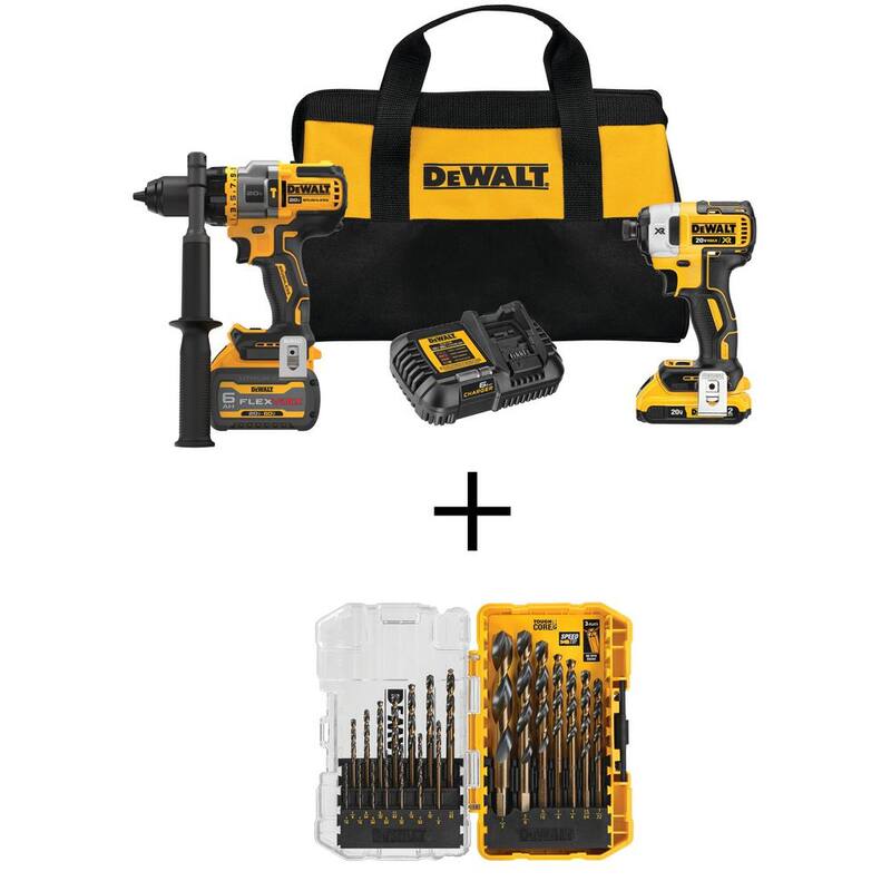 DEWALT 20V MAX Juego de Combo de Taladro/Atornillador inalámbrico sin escobillas con martillo con FLEXVOLT y juego de brocas negras y doradas (21 piezas) - DCK2100D1TW1181
