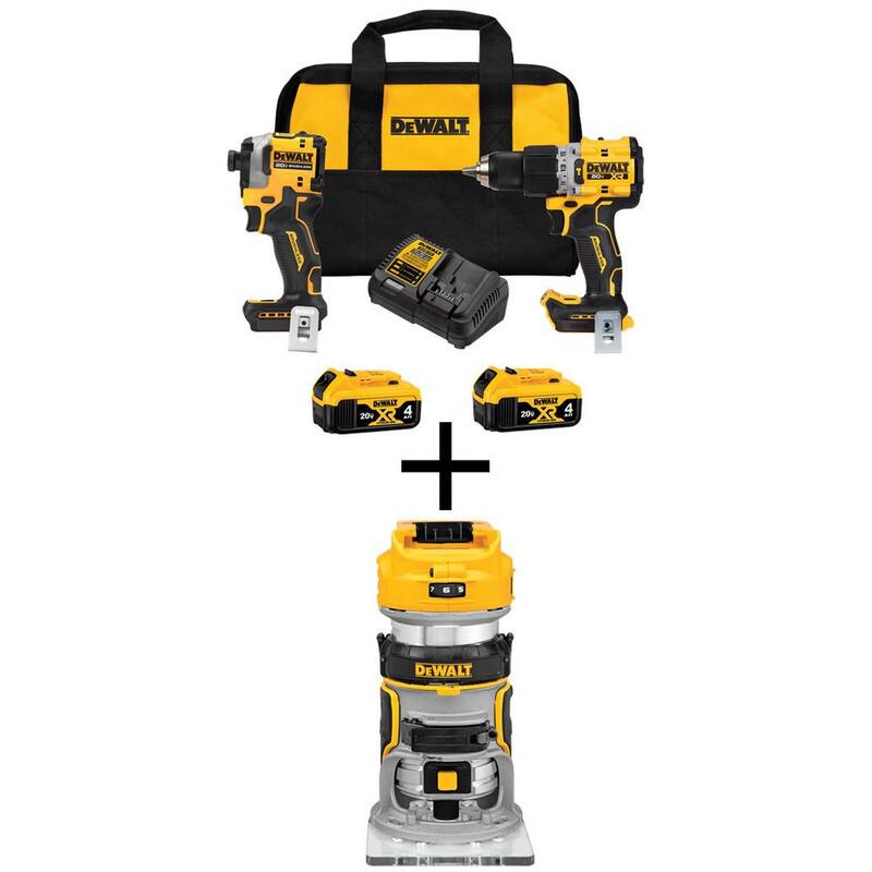 Martillo perforador de 20 voltios MAX XR y controlador de impacto atómico, kit combo inalámbrico de 2 herramientas y enrutador compacto DEWALT con dos baterías de 4Ah - DCK2050M2WW600B