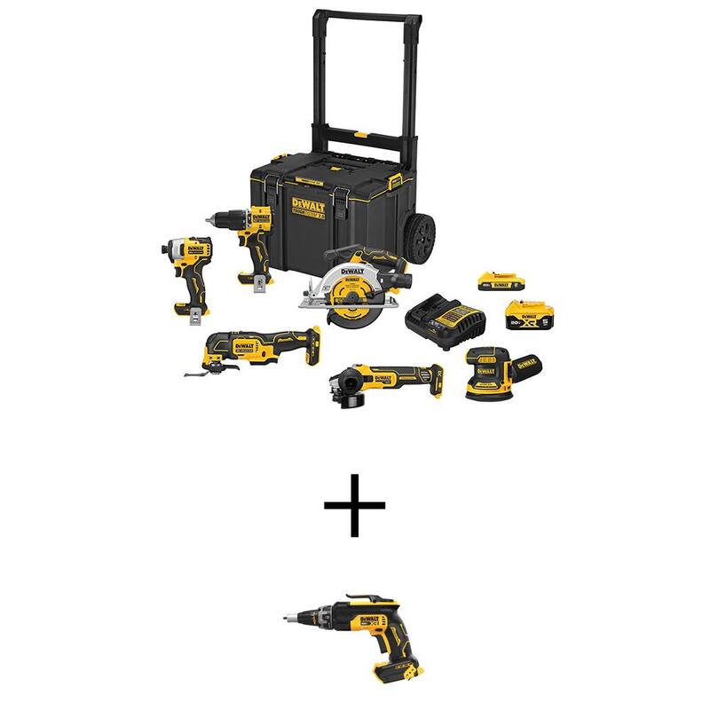 Kit combo inalámbrico DEWALT 20V MAX ToughSystem de 6 herramientas con batería de litio-ion y pistola atornilladora inalámbrica DEWALT 20V MAX XR con motor sin escobillas - DCKTS681D1P1W30.
