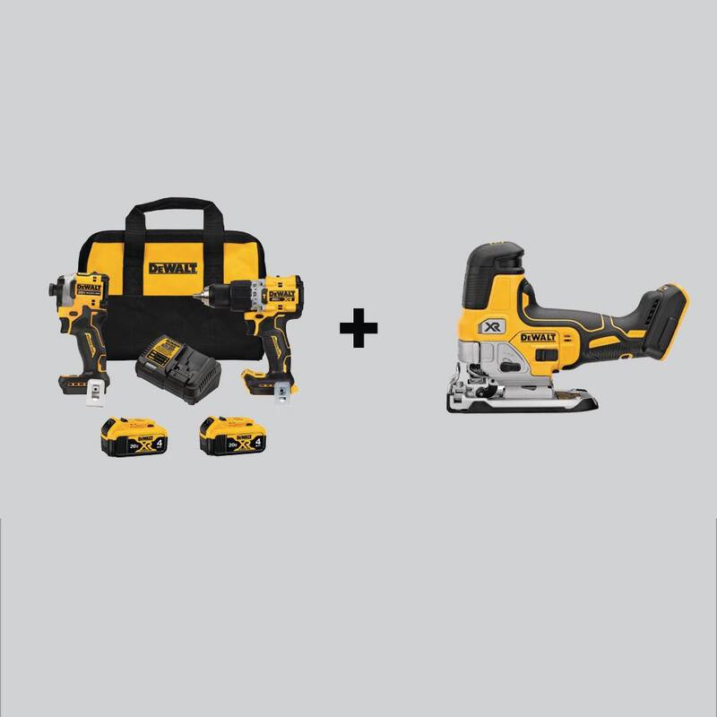DEWALT 20V MAX XR Martillo Taladro e Impacto Inalámbrico ATOMIC Combo Kit (2 Herramientas) y Sierra de Calado con Agarre de Barril c/(2) Baterías 4Ah - DCK2050M2WCS335