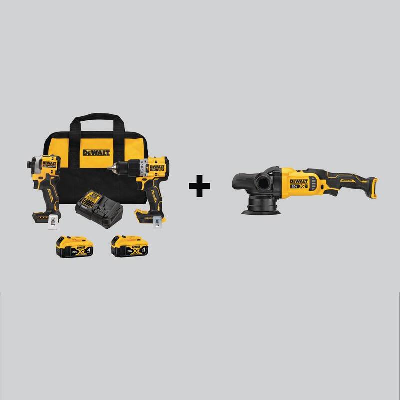 Preme el taladro percutor inalámbrico DEWALT 20V MAX XR y el kit combinado de impacto ATOMIC (2 herramientas) junto con la pulidora de 5 pulgadas con (2) baterías de 4 Ah - DCK2050M2WCM848.