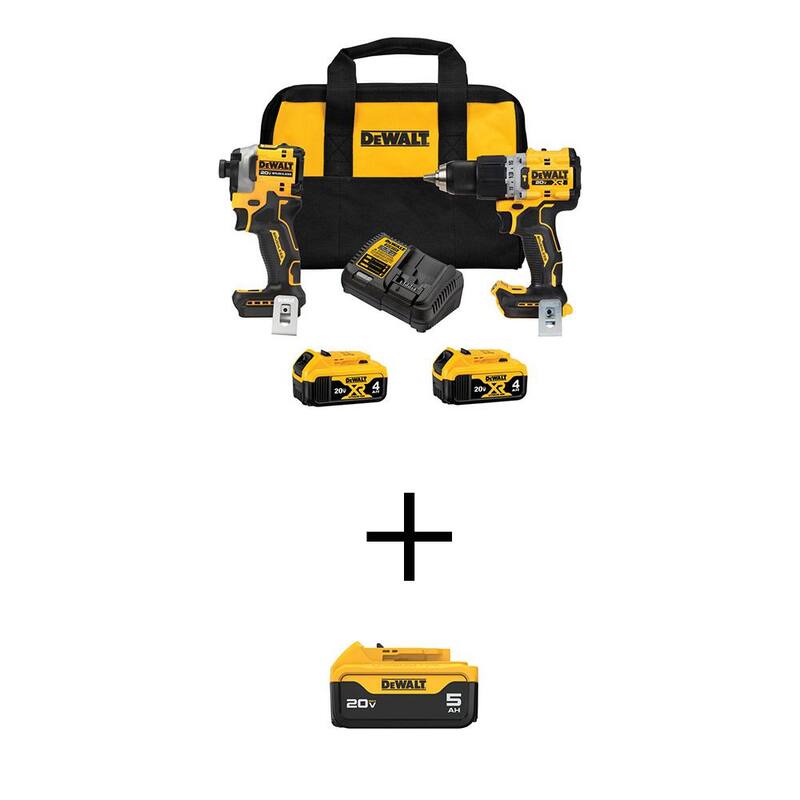 Atornillador de martillo inalámbrico DEWALT 20V MAX y atornillador de impacto ATOMIC 2 Kit combo de herramientas con (2) baterías de 4Ah y (1) de 5Ah, cargador y bolsa - DCK2050M2WCB205