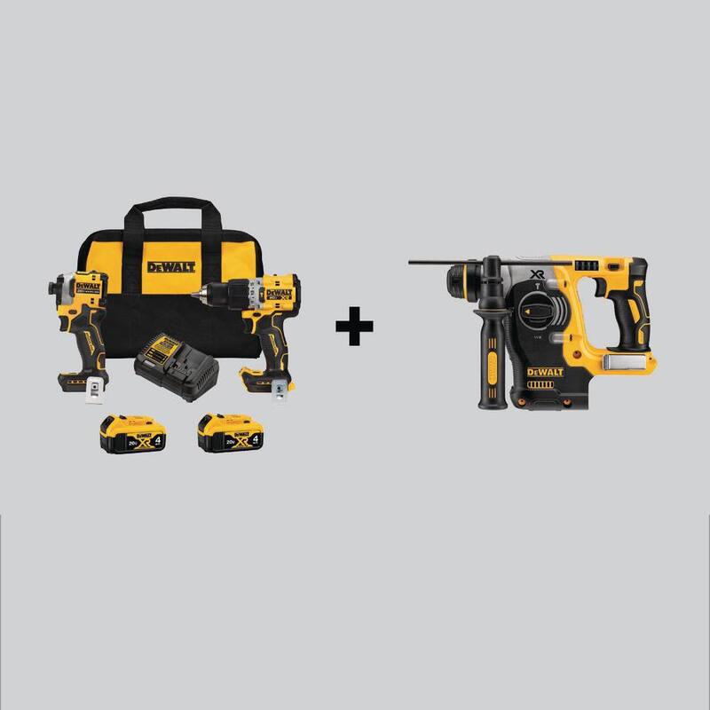 Kit combinado inalámbrico DEWALT 20V MAX XR Hammer Drill y ATOMIC Impact Driver (2 herramientas) y Martillo Rotativo con (2) Baterías de 4 Ah - DCK2050M2WCH273