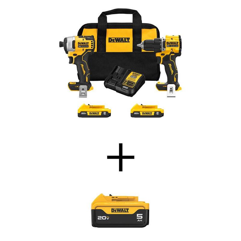 Kit combinado inalámbrico DEWALT ATOMIC 20V MAX de iones de litio (2 herramientas) con batería Premium de 5.0Ah, (2) baterías de 2.0Ah, cargador y bolsa - DCK225D2WDCB205