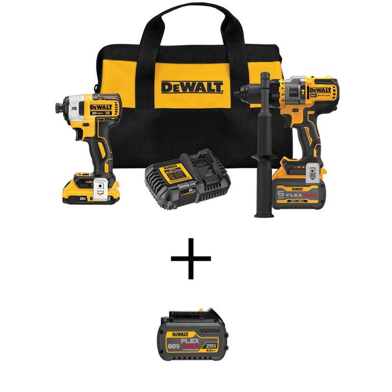 Kit combinado de taladro/destornillador inalámbrico sin escobillas DEWALT 20V MAX y (1) Batería FLEXVOLT 20V/60V MAX 6.0Ah - DCK2100D1T1W606