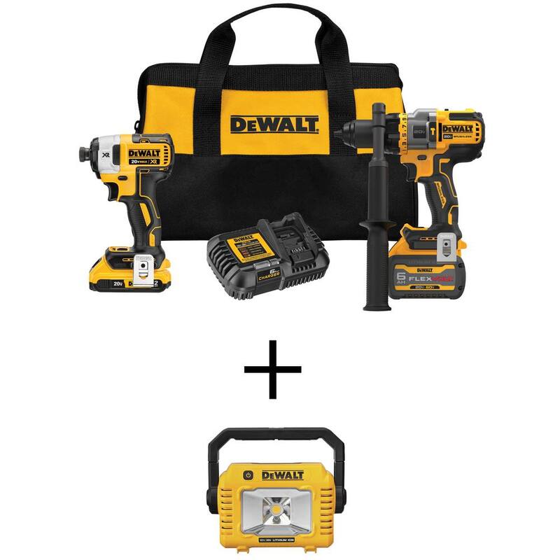 DEWALT Juego combinado de taladro/destornillador inalámbrico sin escobillas de martillo de 20V MAX con luz de tarea compacta FLEXVOLT y 20V MAX - DCK2100D1T1W077