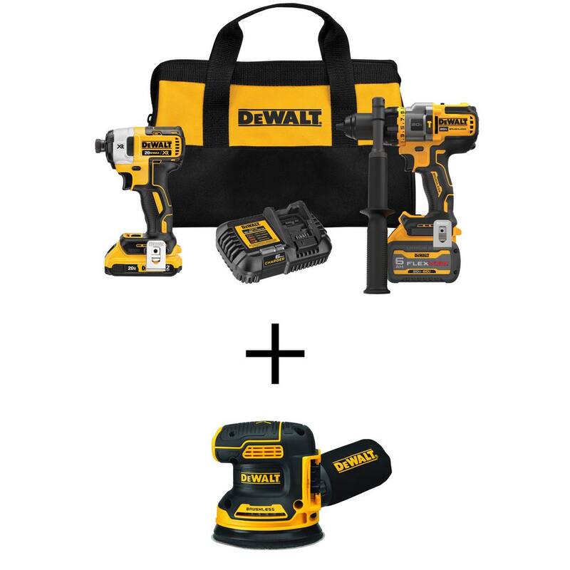 Juego combinado de taladro/atornillador inalámbrico sin escobillas DEWALT 20V MAX y lijadora orbital aleatoria de 5 pulgadas - DCK2100D1T1W210