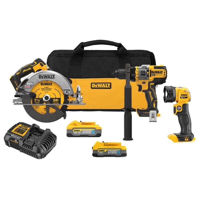 Juego de combo inalámbrico DEWALT 20V MAX de 3 herramientas con batería de 5.0 Ah y batería de 1.7 Ah, y soplador sin escobillas de 125 MPH 450 CFM - DCK304E1H1W722B