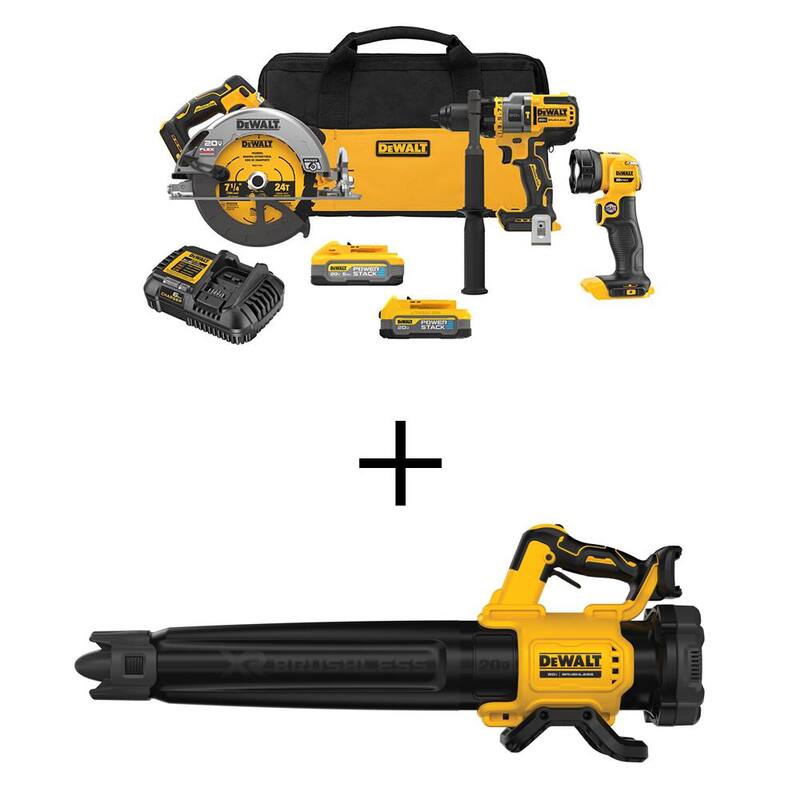 Juego de combo inalámbrico DEWALT 20V MAX de 3 herramientas con batería de 5.0 Ah y batería de 1.7 Ah, y soplador sin escobillas de 125 MPH 450 CFM - DCK304E1H1W722B
