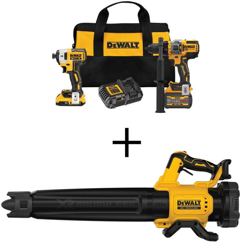 DEWALT 20V MAX Juego de combo de taladro/destornillador inalámbrico sin escobillas de martillo con FLEXVOLT y soplador inalámbrico sin escobillas de 20V MAX - DCK2100D1T1W722