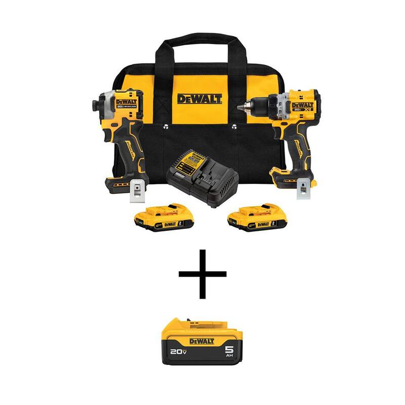 DEWALT 20V MAX Taladro/destornillador inalámbrico, Taladro de impacto ATÓMICO Kit combo de 2 herramientas con (2) baterías de 2Ah y (1) de 5Ah, cargador y bolsa - DCK2051D2WCB205