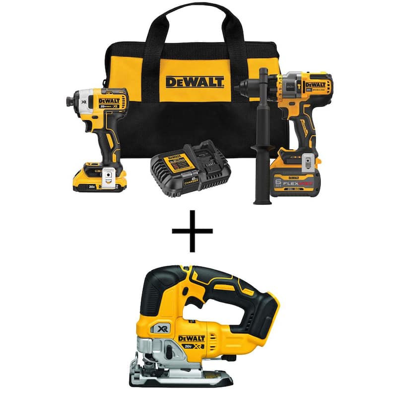 Kit combo de taladro/destornillador inalámbrico de martillo sin escobillas DEWALT 20V MAX con FLEXVOLT y sierra de calar sin escobillas de 20V - DCK2100D1T1W334