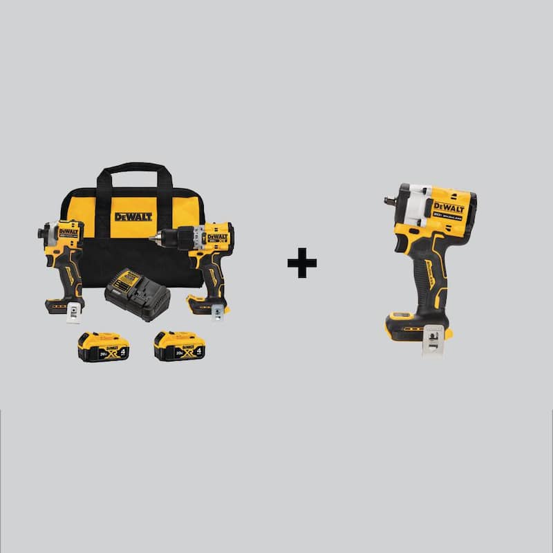 Kit combinado inalámbrico DEWALT 20V MAX XR de taladro percutor y destornillador de impacto ATOMIC (2 herramientas) y llave de impacto con (2) baterías de 4Ah - DCK2050M2WCF923