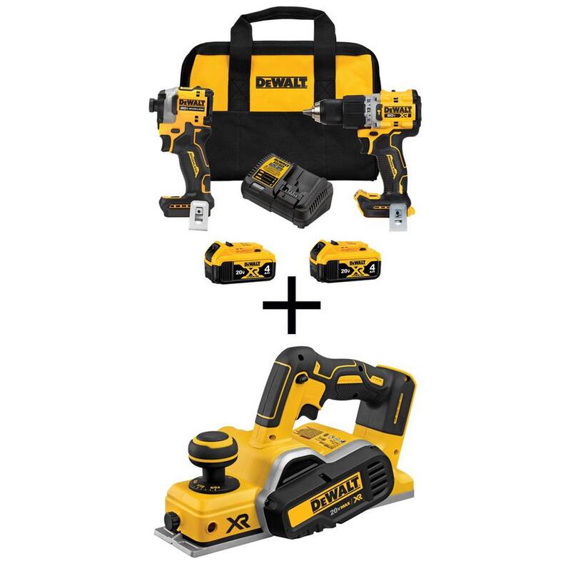 DEWALT Taladro percutor MAX XR de 20 voltios y atornillador de impacto Atomic Combo Kit inalámbrico de 2 herramientas y cepillo de 3-1/4" con dos baterías de 4 Ah - DCK2050M2WP580B