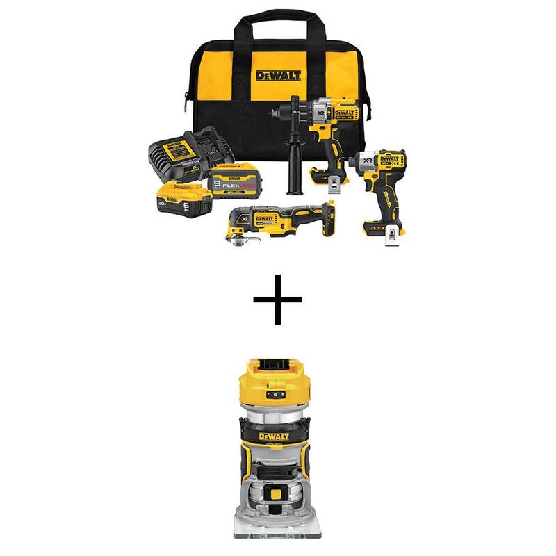 Kit de Combo Inalámbrico de 3 Herramientas con Baterías de Litio 20V DEWALT y Router Compacto de Base Fija con Baterías FLEXVOLT de 9 Ah y 20V de 6 Ah, y Cargador - DCK320X1R1W600B