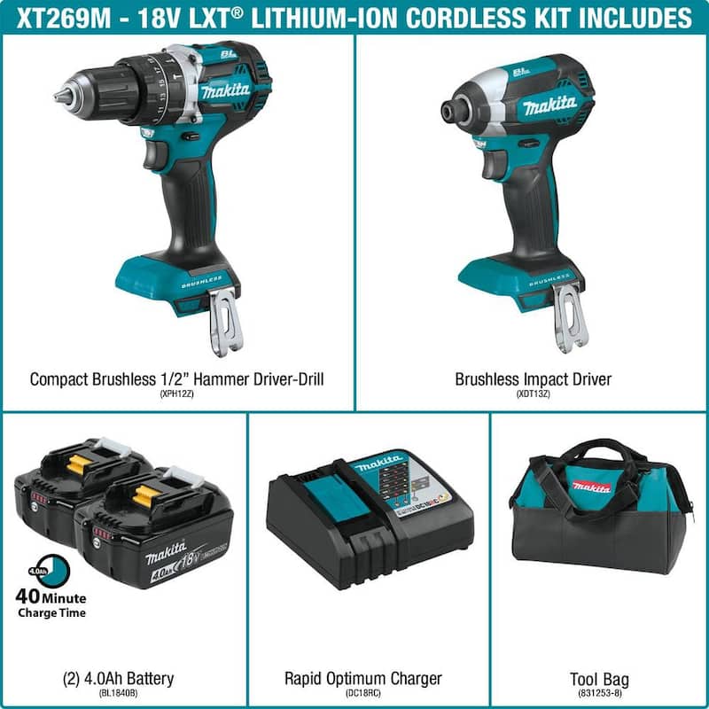 Equipo combo Makita 18V LXT de taladro percutor inalámbrico con tecnología Brushless y destornillador de impacto (2 herramientas) con (2) baterías de 4Ah, maleta - XT269M