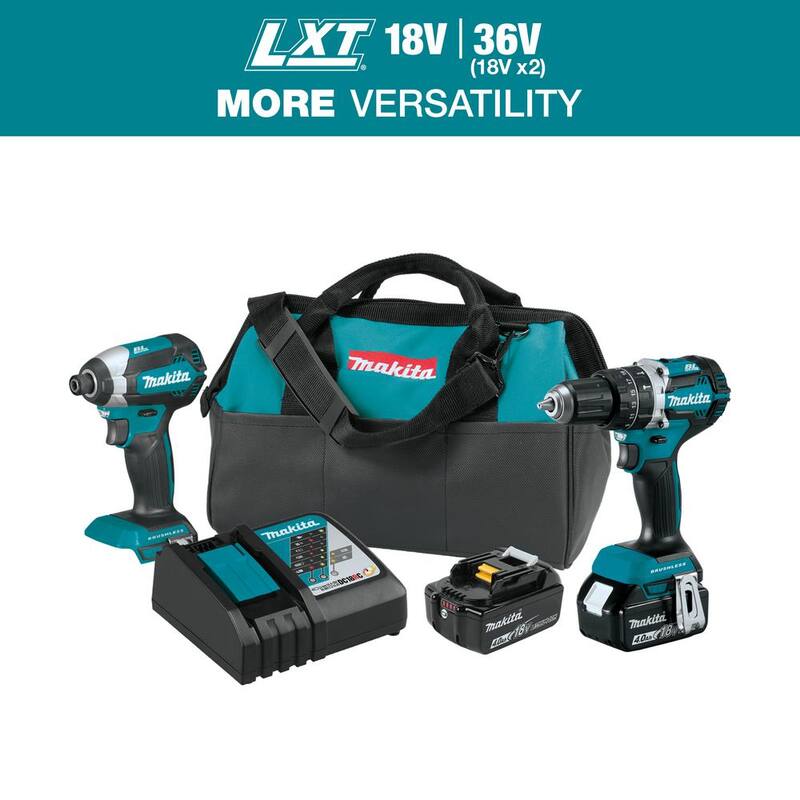 Equipo combo Makita 18V LXT de taladro percutor inalámbrico con tecnología Brushless y destornillador de impacto (2 herramientas) con (2) baterías de 4Ah, maleta - XT269M