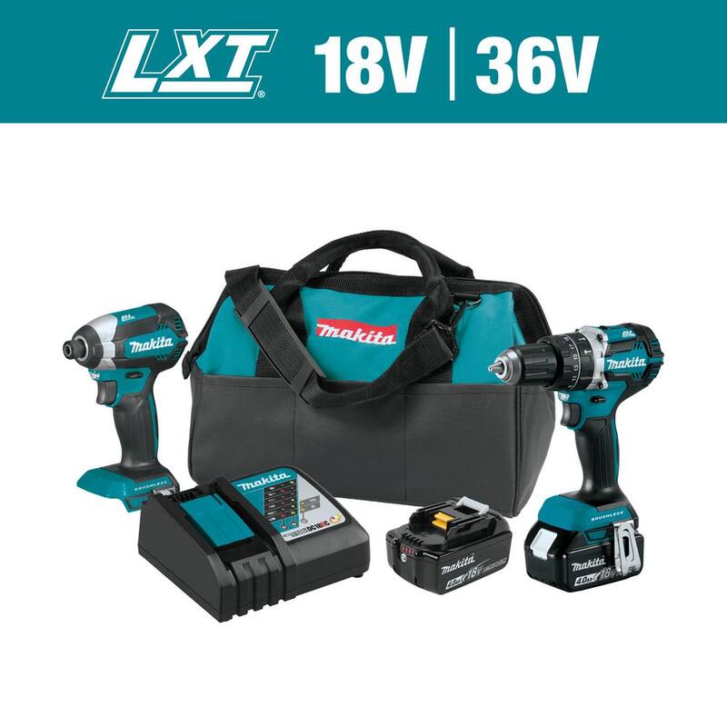 Equipo combo Makita 18V LXT de taladro percutor inalámbrico con tecnología Brushless y destornillador de impacto (2 herramientas) con (2) baterías de 4Ah, maleta - XT269M