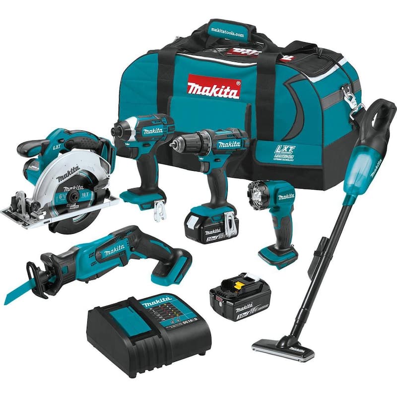 Juego de 6 piezas inalámbrico de 18V de Ion de Litio de Makita (Broca-destornillador/ Atornillador de Impacto/ Sierra Circular/ Sierra Recíproca/ Aspiradora/ Luz) 3.0Ah - XT614SX1