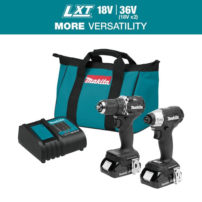 Kit de combinación inalámbrico compacto de dos piezas de iones de litio sin escobillas de 18V LXT de Makita (taladro atornillador/destornillador de impacto) de 1.5Ah - CX203SYB