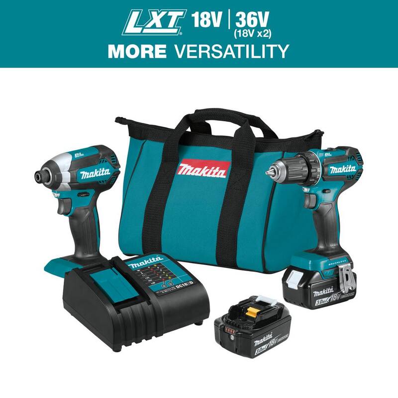 Kit de Combinación Inalámbrico sin Escobillas de Litio-ion de 18V LXT de Makita, 2 Piezas con Taladro/Destornillador de Impacto de 3.0Ah - XT281S