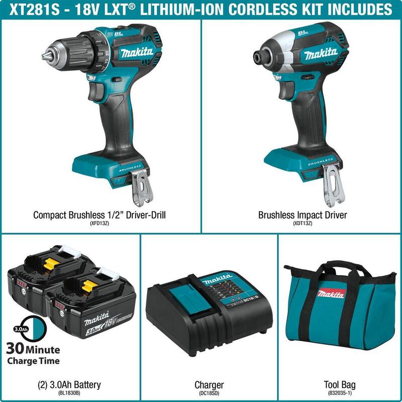 Kit de Combinación Inalámbrico sin Escobillas de Litio-ion de 18V LXT de Makita, 2 Piezas con Taladro/Destornillador de Impacto de 3.0Ah - XT281S
