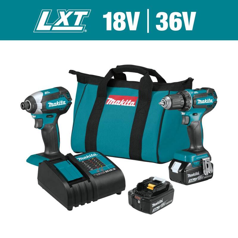 Kit de Combinación Inalámbrico sin Escobillas de Litio-ion de 18V LXT de Makita, 2 Piezas con Taladro/Destornillador de Impacto de 3.0Ah - XT281S