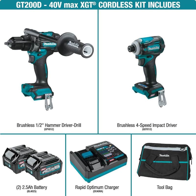 Kit Combo inalámbrico sin escobillas Makita 40V Max XGT de 2 piezas (taladro martillo/destornillador de impacto) 2.5Ah - GT200D