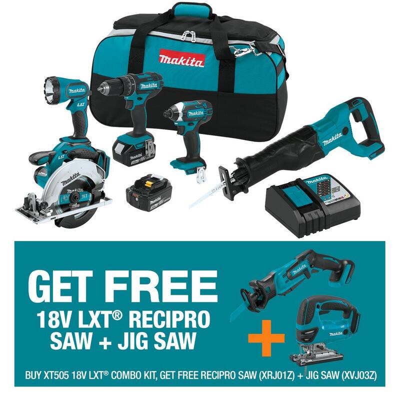 Kit Combo Inalámbrico de Litio-Ion 18V LXT de Makita (5 herramientas) y Sierra de Calar de Velocidad Variable 18V LXT con bono de Sierra de Sable Compacta 18V LXT - XT505XVJ03XRJ01.