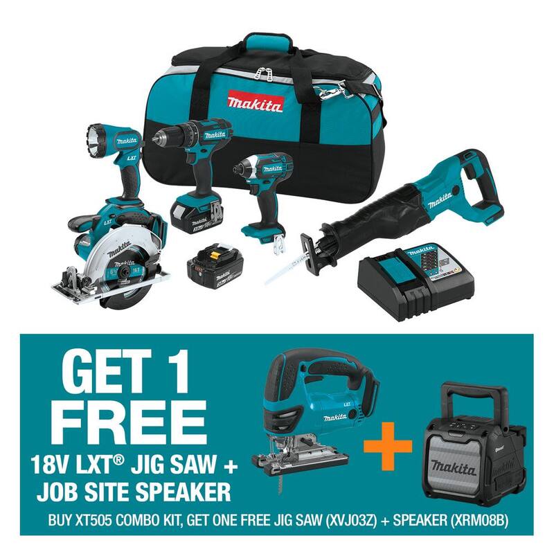 Kit combinado inalámbrico de iones de litio de 18V LXT de Makita (5 herramientas) con bono de sierra de calar 18V LXT + altavoz Bluetooth para sitio de trabajo 18V LXT/12V máx CXT - XT505XVJ03XRM08