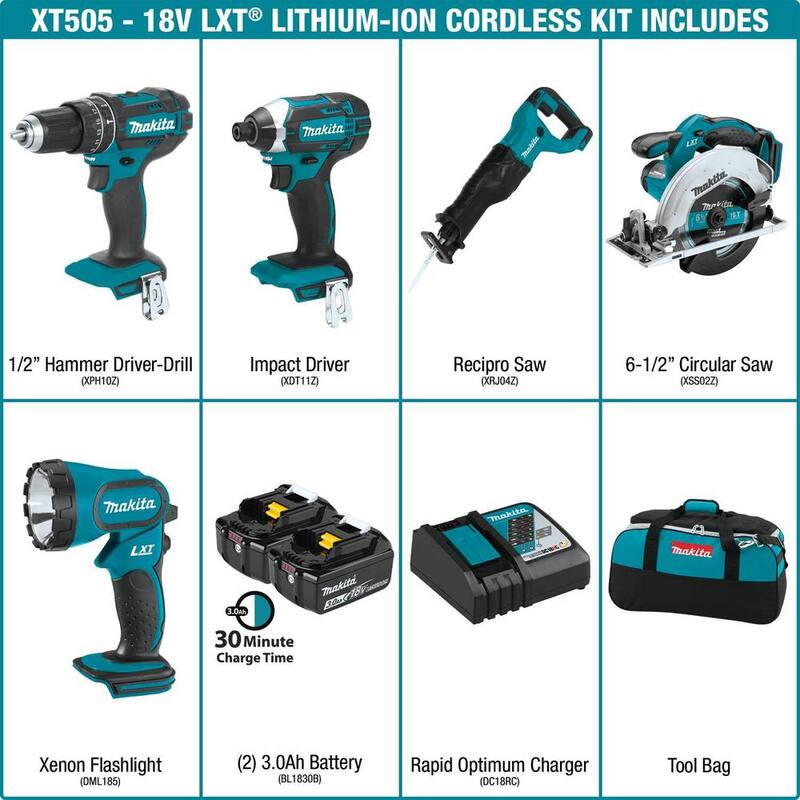 Kit combinado inalámbrico de iones de litio de 18V LXT de Makita (5 herramientas) con bono de sierra de calar 18V LXT + altavoz Bluetooth para sitio de trabajo 18V LXT/12V máx CXT - XT505XVJ03XRM08