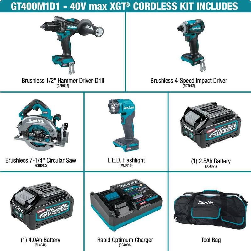 Kit combo inalámbrico Makita 40V Max XGT sin escobillas de 4 piezas (martillo destornillador/destornillador de impacto/sierra circular/linterna) 2.5Ah/4.0Ah - GT400M1D1