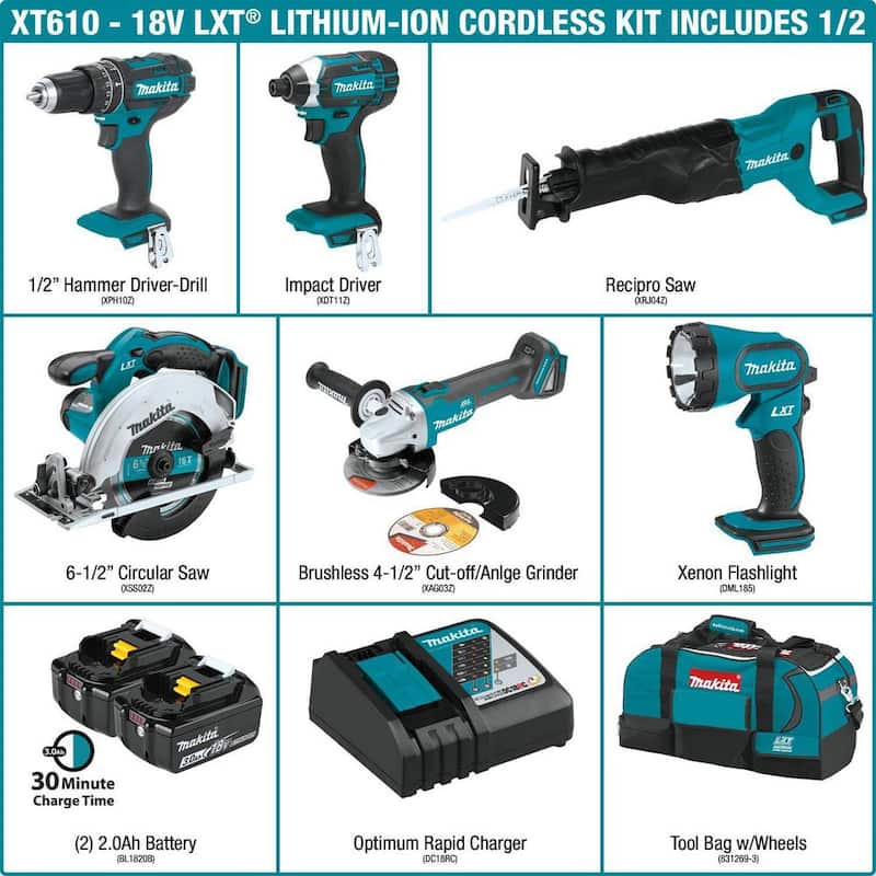 Kit inalámbrico de combo de iones de litio LXT de 18V Makita (6 piezas) con (2) baterías (3.0Ah), cargador rápido y bolsa de herramientas - XT610