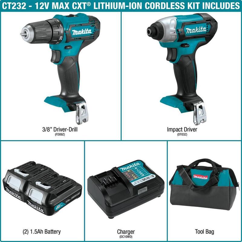 Juego de combo de taladro inalámbrico y destornillador de impacto Makita 12V max CXT 1.5 Ah de iones de litio (2 piezas) - CT232