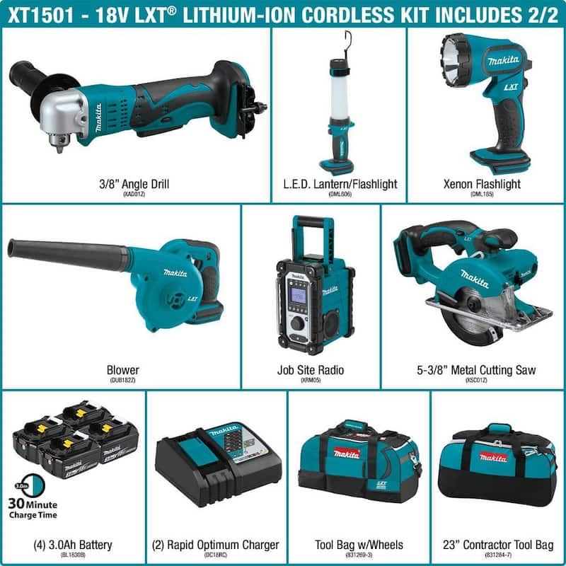 Kit combo inalámbrico de 15 piezas con baterías de 18V LXT de iones de litio de Makita, (4) baterías de 3.0Ah, cargador y (2) bolsas - XT1501