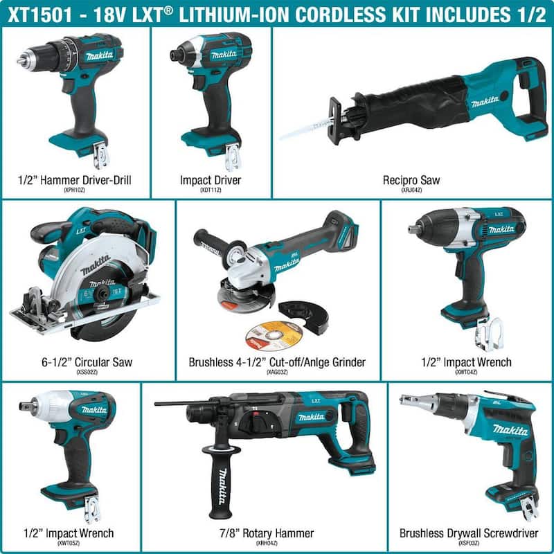 Kit combo inalámbrico de 15 piezas con baterías de 18V LXT de iones de litio de Makita, (4) baterías de 3.0Ah, cargador y (2) bolsas - XT1501