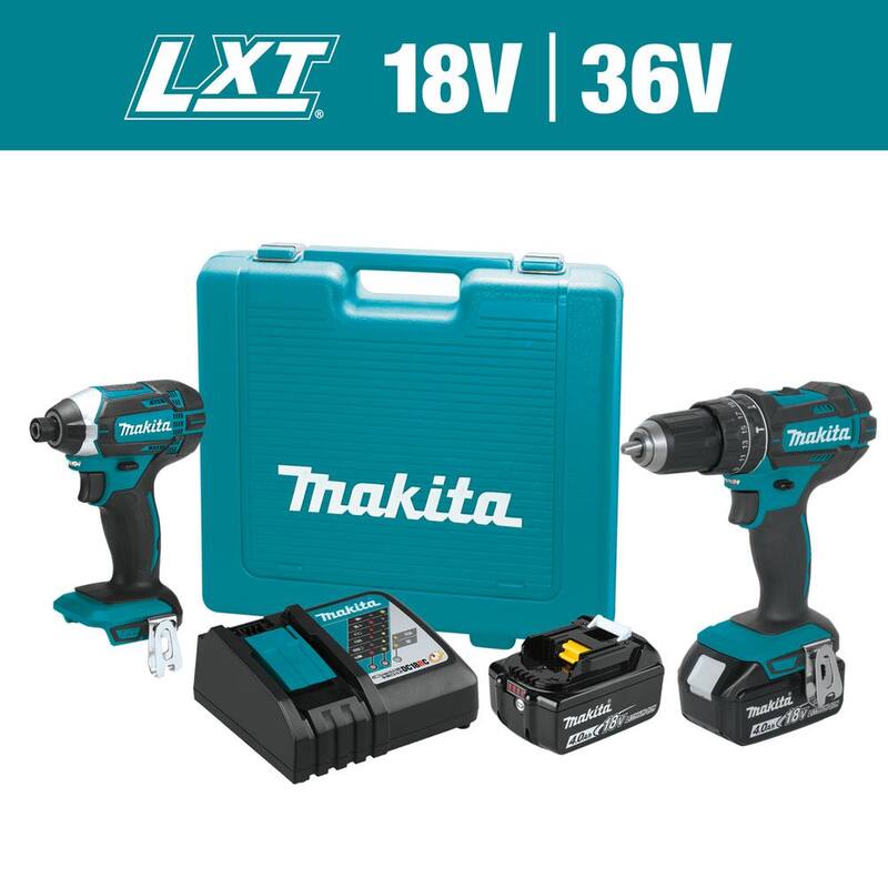 Kit combinado inalámbrico de iones de litio de 18V LXT de Makita (2 piezas) Taladro de martillo/destornillador de impacto c/ (2) baterías (4.0Ah), cargador y estuche - XT261M