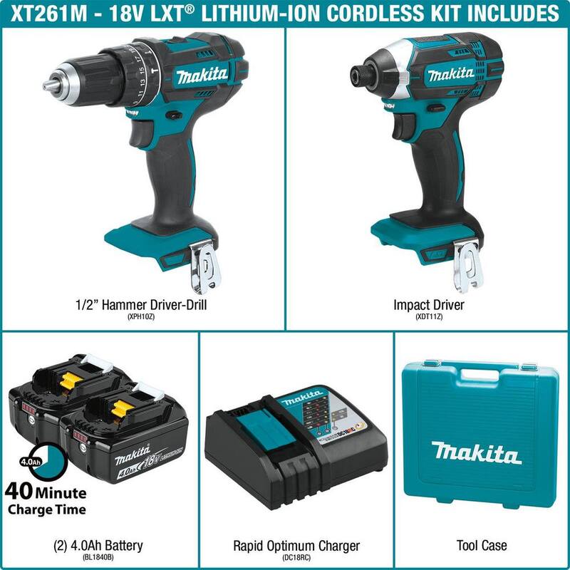 Kit combinado inalámbrico de iones de litio de 18V LXT de Makita (2 piezas) Taladro de martillo/destornillador de impacto c/ (2) baterías (4.0Ah), cargador y estuche - XT261M