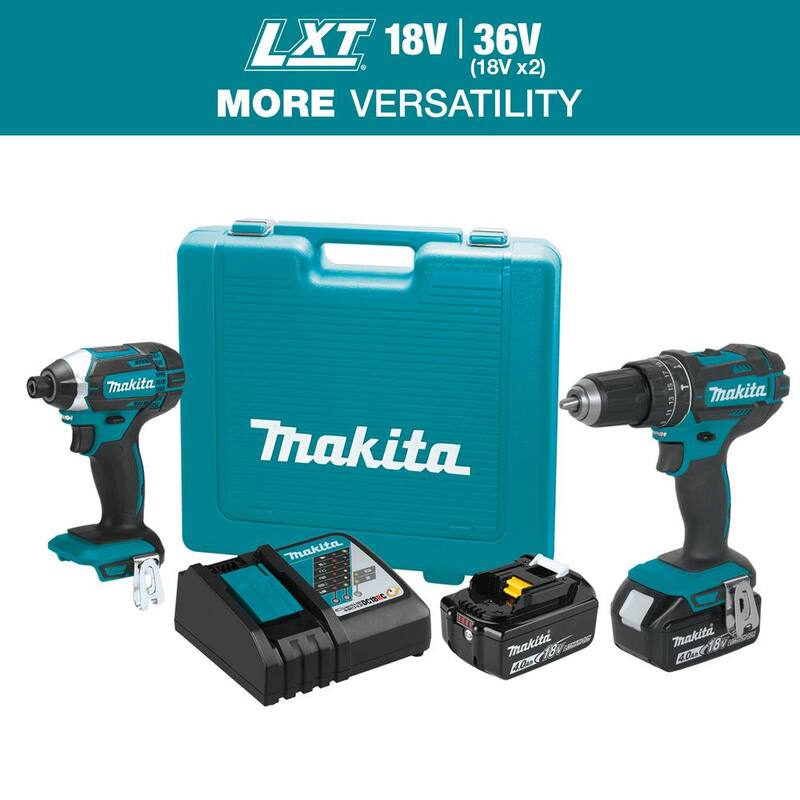 Kit combinado inalámbrico de iones de litio de 18V LXT de Makita (2 piezas) Taladro de martillo/destornillador de impacto c/ (2) baterías (4.0Ah), cargador y estuche - XT261M