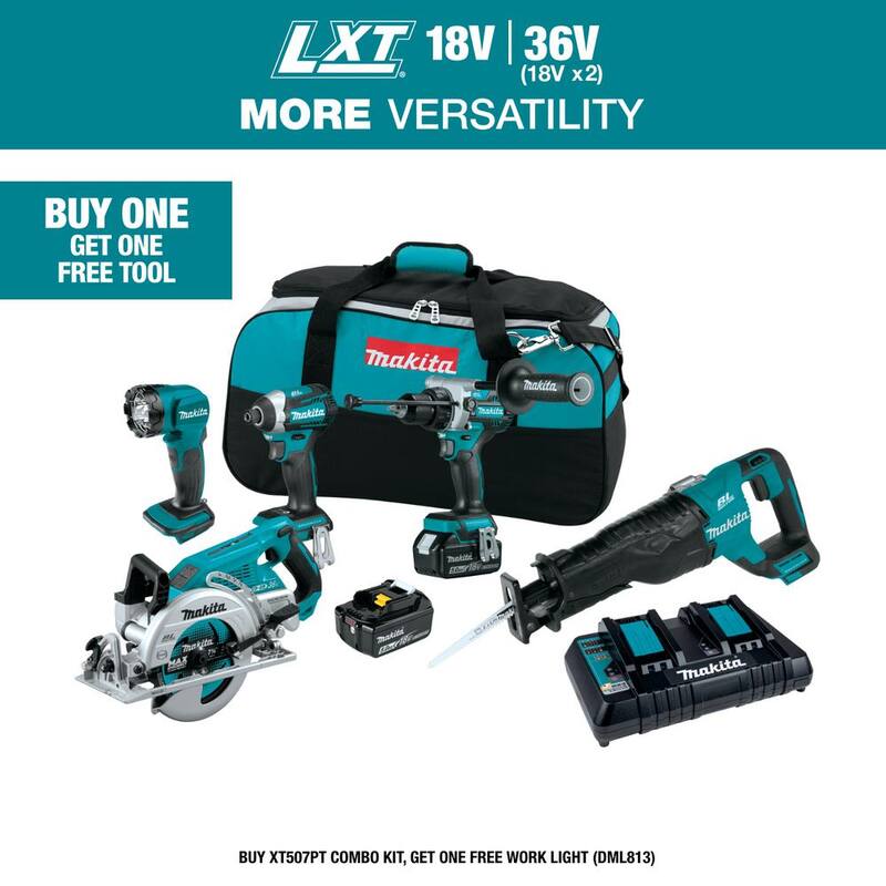 Kit combinado inalámbrico sin escobillas de litio-ion LXT de 18V 5.0 Ah (taladro percutor/atornillador de impacto/sierra circular/sierra de sable/iluminación) - XT507PT