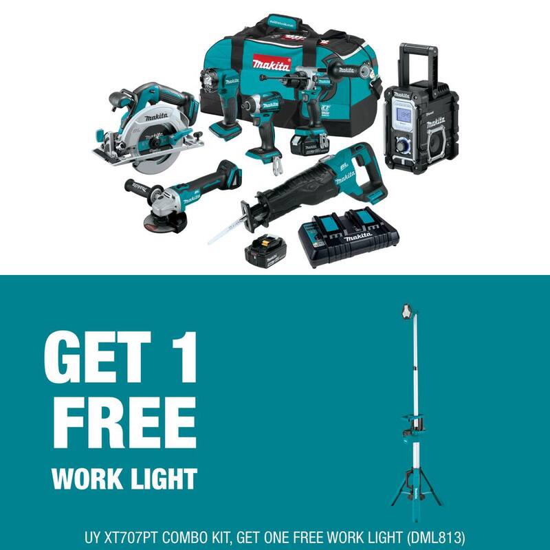 Juego combo inalámbrico sin escobillas Makita 18V 5.0Ah LXT de 7 piezas con luz de trabajo inalámbrica de torre de 18V LXT de iones de litio como bono (solo luz) - XT707PT-DML813