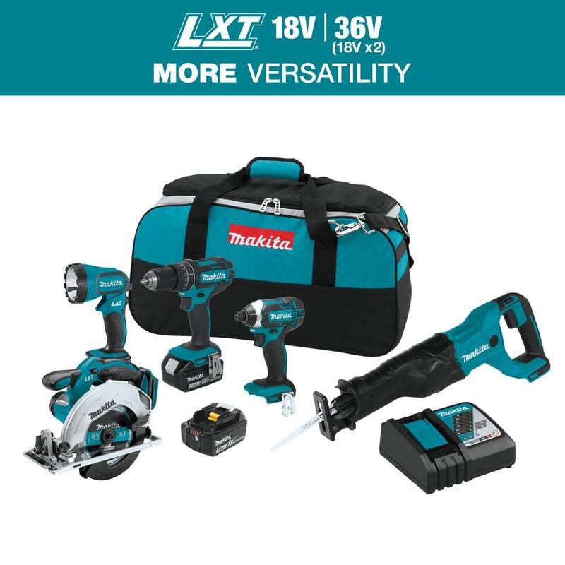 Kit combo inalámbrico Makita 18V LXT de iones de litio (5 herramientas) con (2) baterías de 3.0 Ah, cargador rápido y bolsa para herramientas - XT505