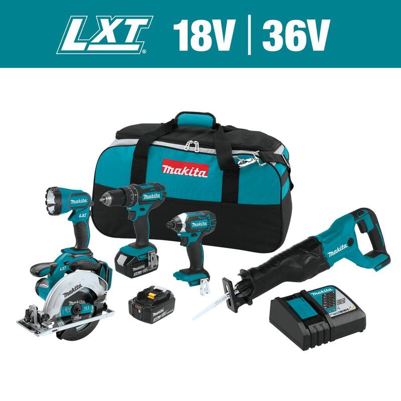 Kit combo inalámbrico Makita 18V LXT de iones de litio (5 herramientas) con (2) baterías de 3.0 Ah, cargador rápido y bolsa para herramientas - XT505