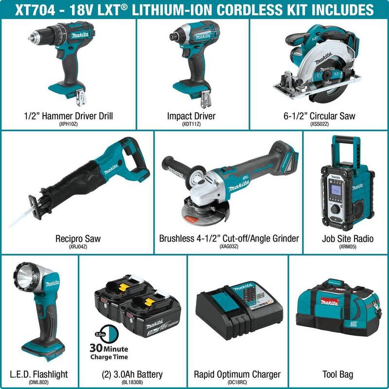 Kit combinado inalámbrico de iones de litio LXT de 18V 3.0Ah de Makita (7 piezas) - XT704