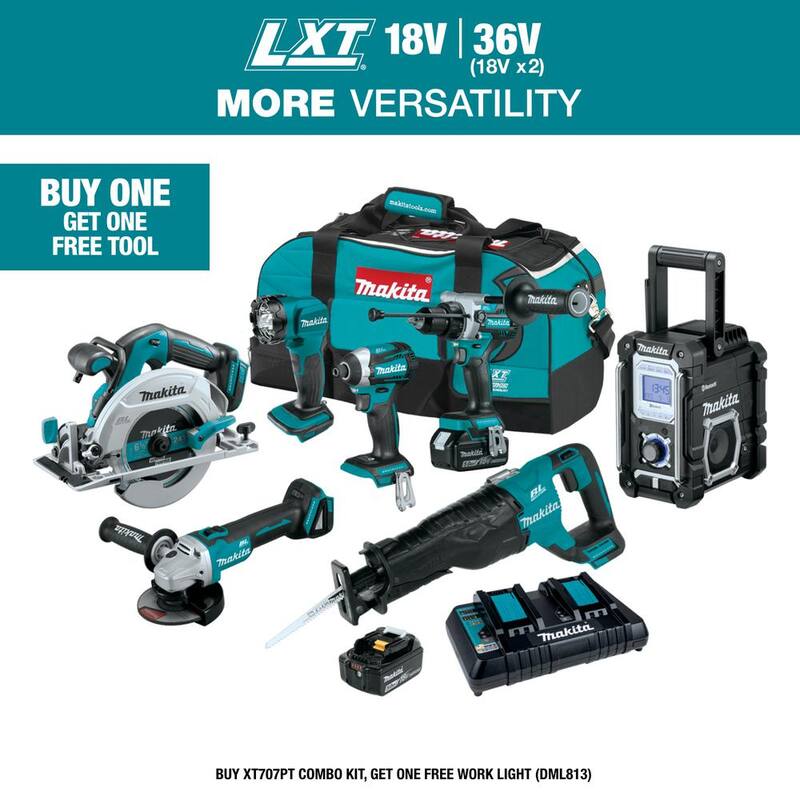 Kit de 7 piezas Makita 18V 5.0Ah LXT Brushless (Martillo Taladro, Atornillador de Impacto, Sierra Sable, Sierra Circular, Amoladora, Radio, Luz) - XT707PT