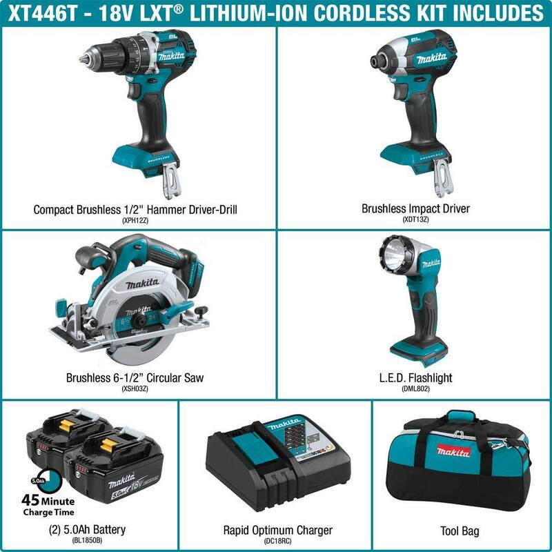 Juego de Combo sin escobillas inalámbrico de litio Makita 18V LXT con taladro de martillo/destornillador de impacto/sierra circular/linterna - XT446T