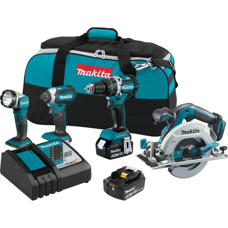 Juego de Combo sin escobillas inalámbrico de litio Makita 18V LXT con taladro de martillo/destornillador de impacto/sierra circular/linterna - XT446T