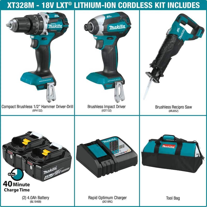 Kit inalámbrico Makita 18V LXT de iones de litio sin escobillas (3 herramientas) con (2) baterías de 4.0 Ah, cargador rápido y bolsa de herramientas - XT328M