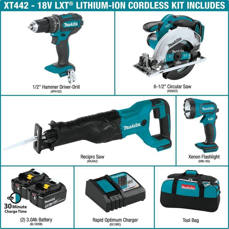 Kit de combinación inalámbrico de iones de litio Makita 18V LXT 3.0Ah - Taladro martillo/Sierra circular/Sierra alternativa/Linterna (4 piezas) - XT442