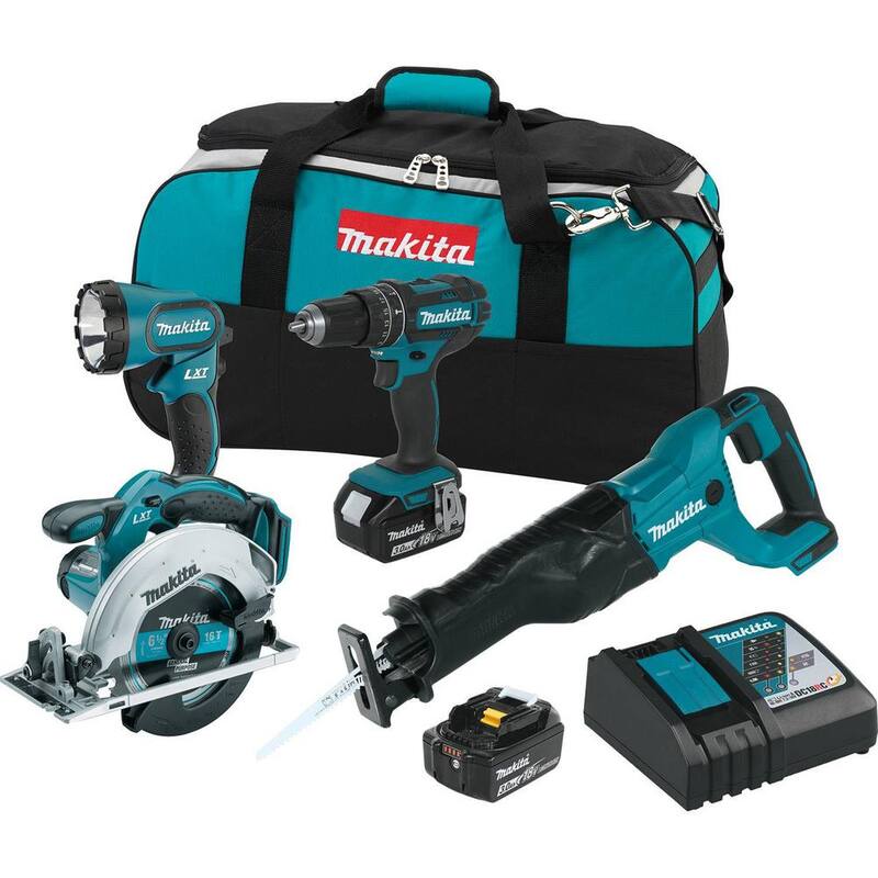 Kit de combinación inalámbrico de iones de litio Makita 18V LXT 3.0Ah - Taladro martillo/Sierra circular/Sierra alternativa/Linterna (4 piezas) - XT442